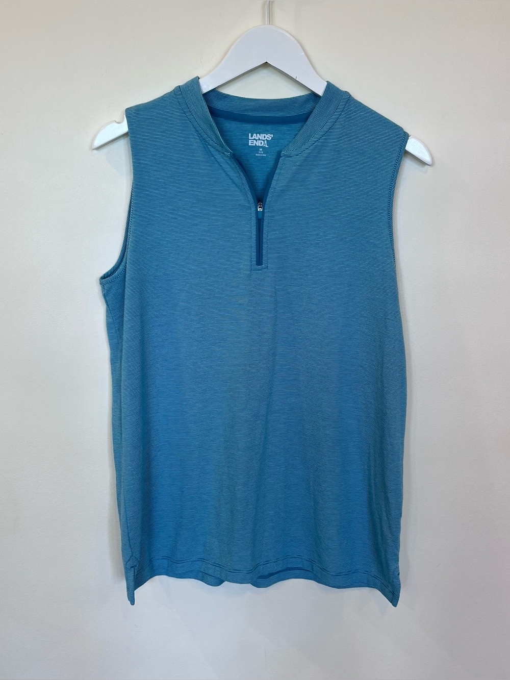 Lands End 1/4 Zip Tank Top Womens Medium Teal Green Stripes Golf Activewear Soft